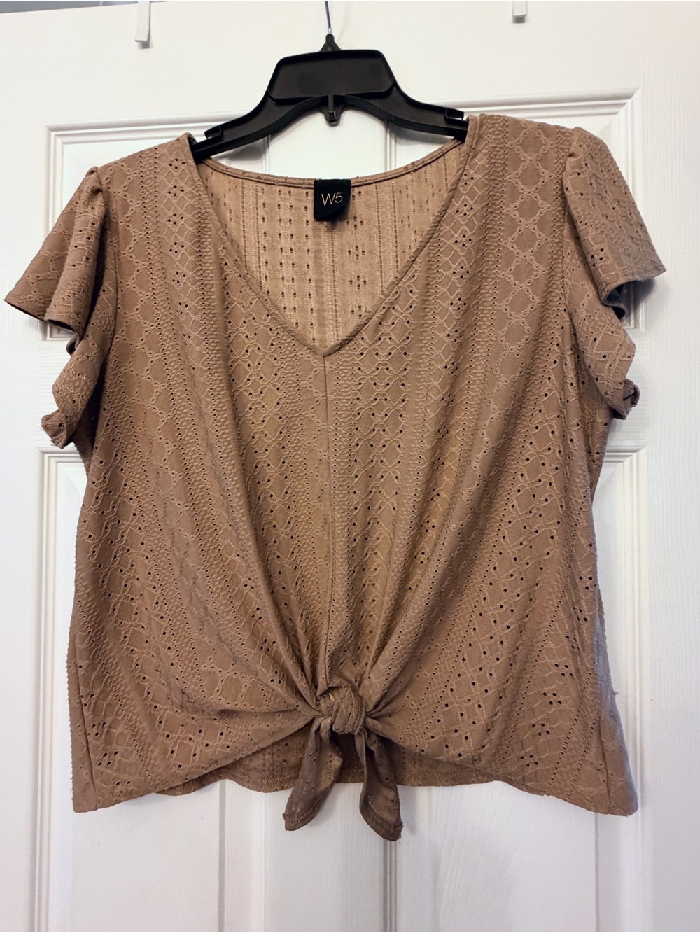 W5 Taupe Eyelet Knot-Front Short Sleeve Blouse